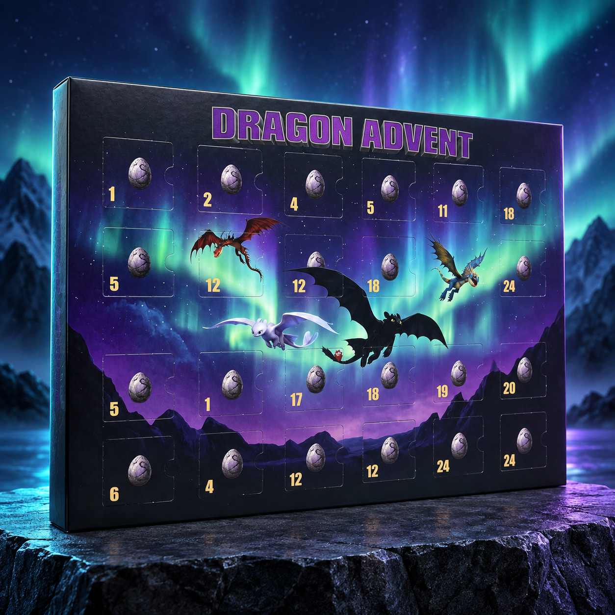 Closed Dragon Advent calendar with aurora artwork and 24 numbered doors